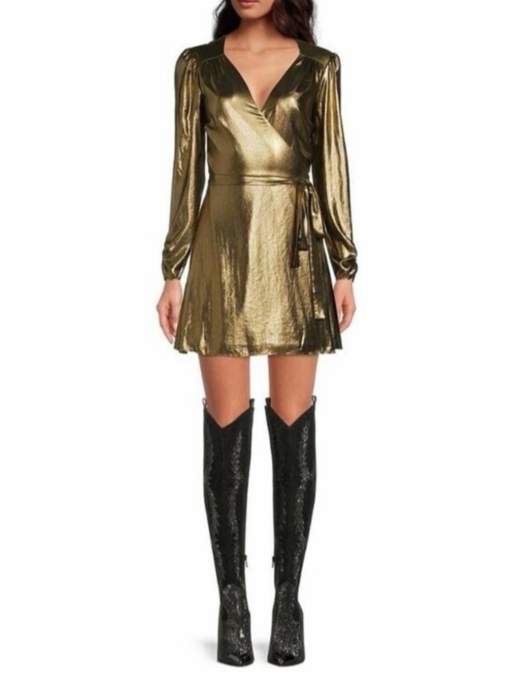 NWT Gianni Bini Noa V-Neck Gold Metallic Lame‎ V-Neck Long Sleeve Wrap Dress